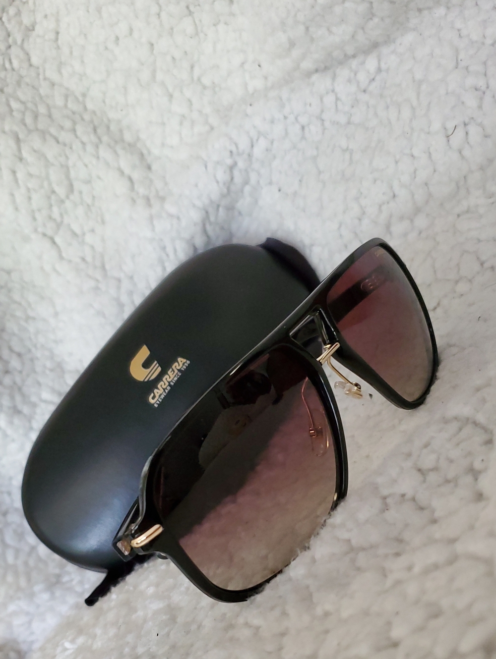 Carrera Black Frame Sunglasses with Brown Gradient Lenses and Gold Accents